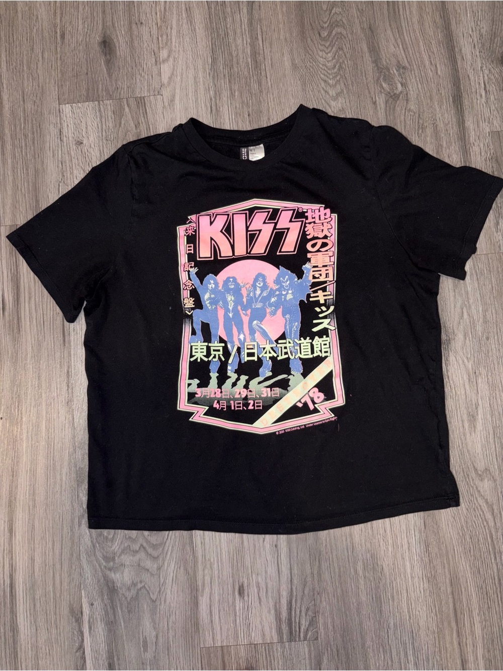 H&M Black Tee with Pink & Blue KISS Graphic